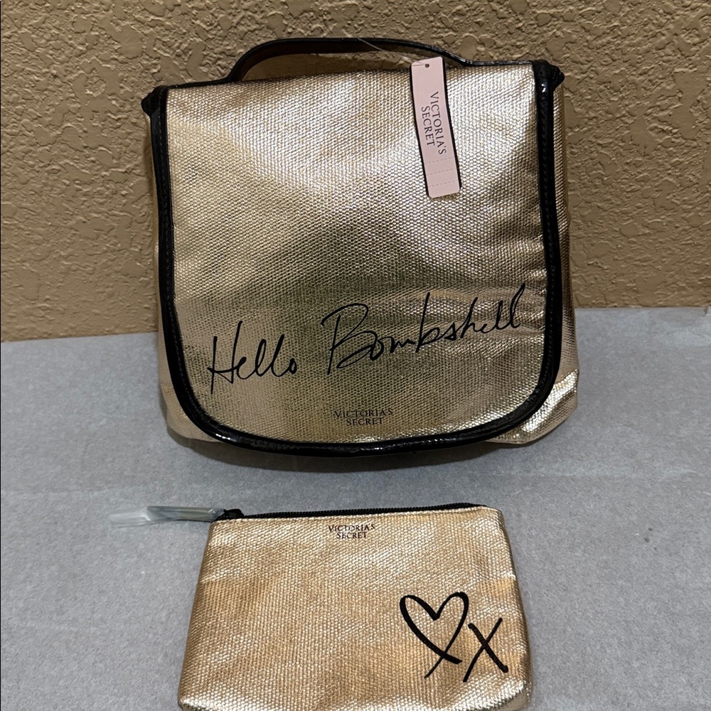 NWT Victoria’s Secret Hello Bombshell Hanging Gold Cosmetics Bag. Super Soft.